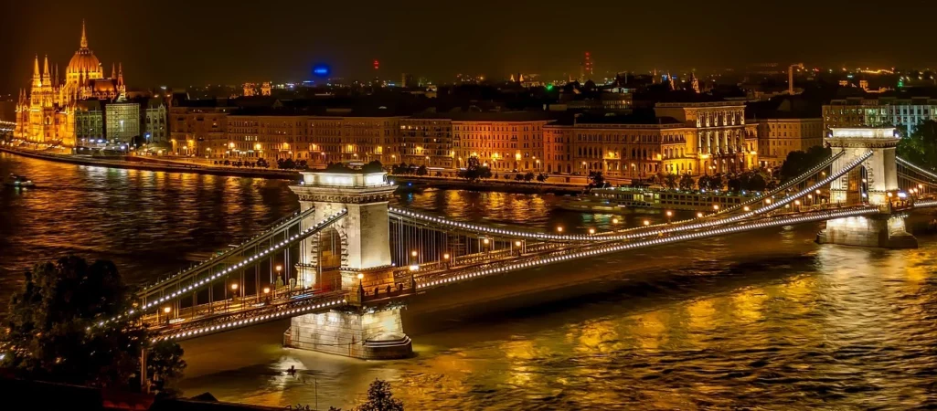 Széchenyi Chain Bridge by night Budapest parliament