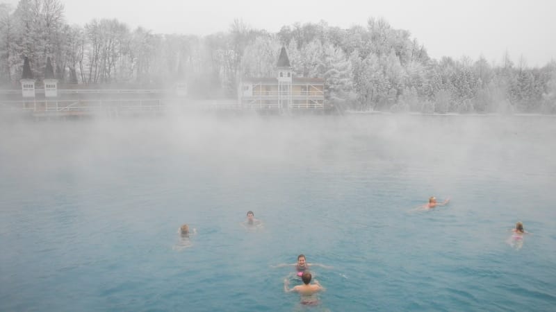 Hévíz lake winter bath