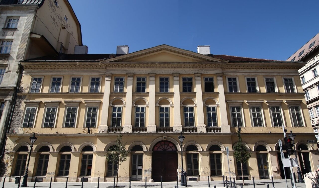 The exterior of the abandoned building of Postbank in Budapest, Hungary