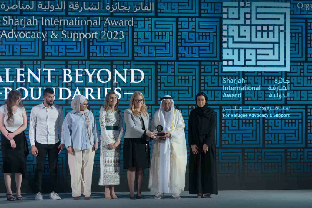 His Highness Sheikh Dr. Sultan bin Mohammed AlQasimi, Member of the Supreme Council and Ruler of Sharjah honouring Talent Beyond Boundaries (TBB), the winner of the 7th edition of the Sharjah International Award for Refugee Advocacy and Support (SIARA 2023)