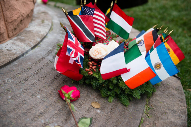 A wreath and mementoes lay on the base of the Pan Am Flight 103 memorial following a memorial ceremony in Arlington National Cemetery, Dec. 21, 2015