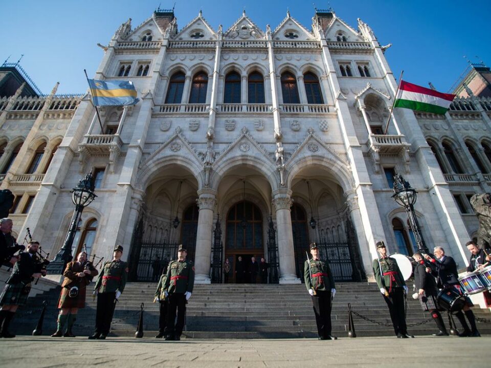 Participants in the occasional All Star bagpipe band and the Parliamentary Guard changing of the guard at the 265th anniversary of the birth of Scottish national poet Robert Burns, held by the Hungarian-Scottish Society and the Robert Burns International Foundation at the main staircase of the Hungarian Parliament on 29 January 2024. MTI/Zoltán Balogh