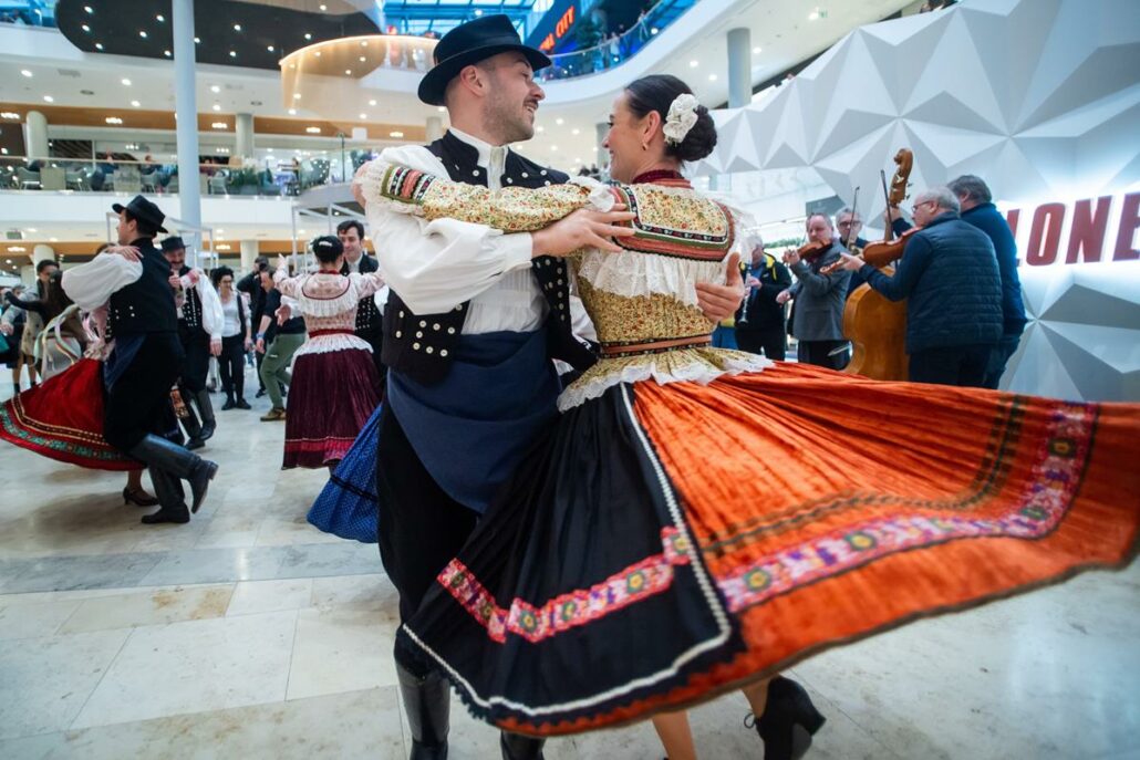 The Hungarian National Dance Ensemble flash mob at Allee Shopping Centre in Budapest on 8 February 2024.