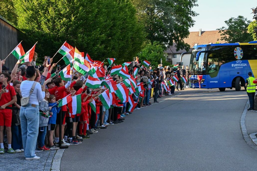 The bus of the Hungarian national team participating in the European Football Championship in Germany arrives at the team's accommodation in Weiler-Simmerberg, Germany, on June 10, 2024.
