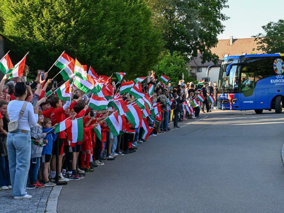 The bus of the Hungarian national team participating in the European Football Championship in Germany arrives at the team's accommodation in Weiler-Simmerberg, Germany, on June 10, 2024.