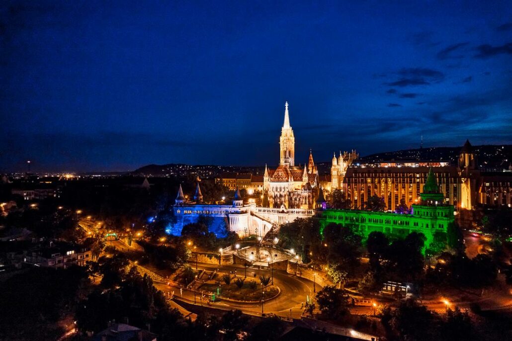 Budapest landmark illuminated in Uzbekistan flag colors for independence day.