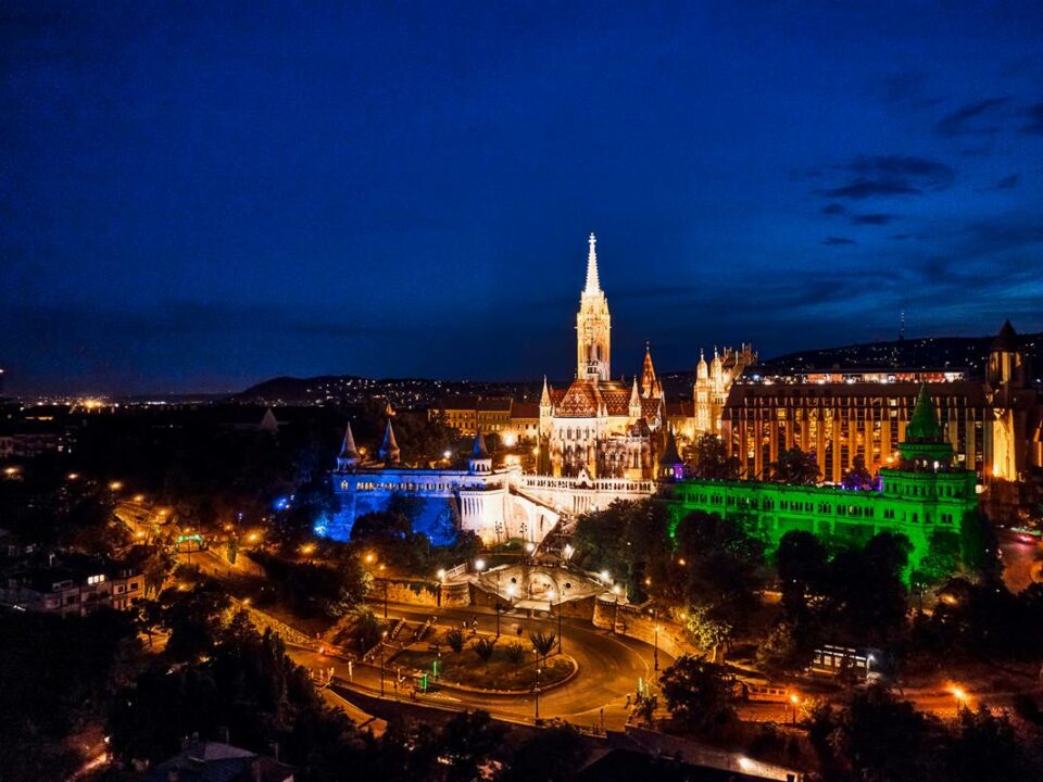 Budapest landmark illuminated in Uzbekistan flag colors for independence day.