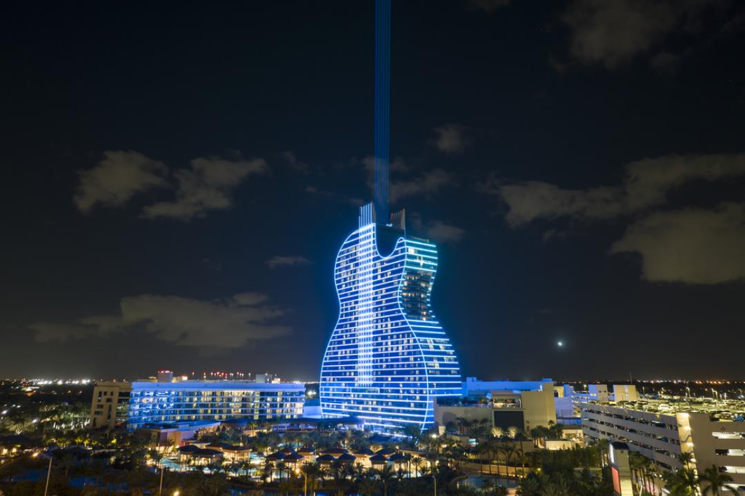 The Guitar Hotel in Miami with the laser cannons