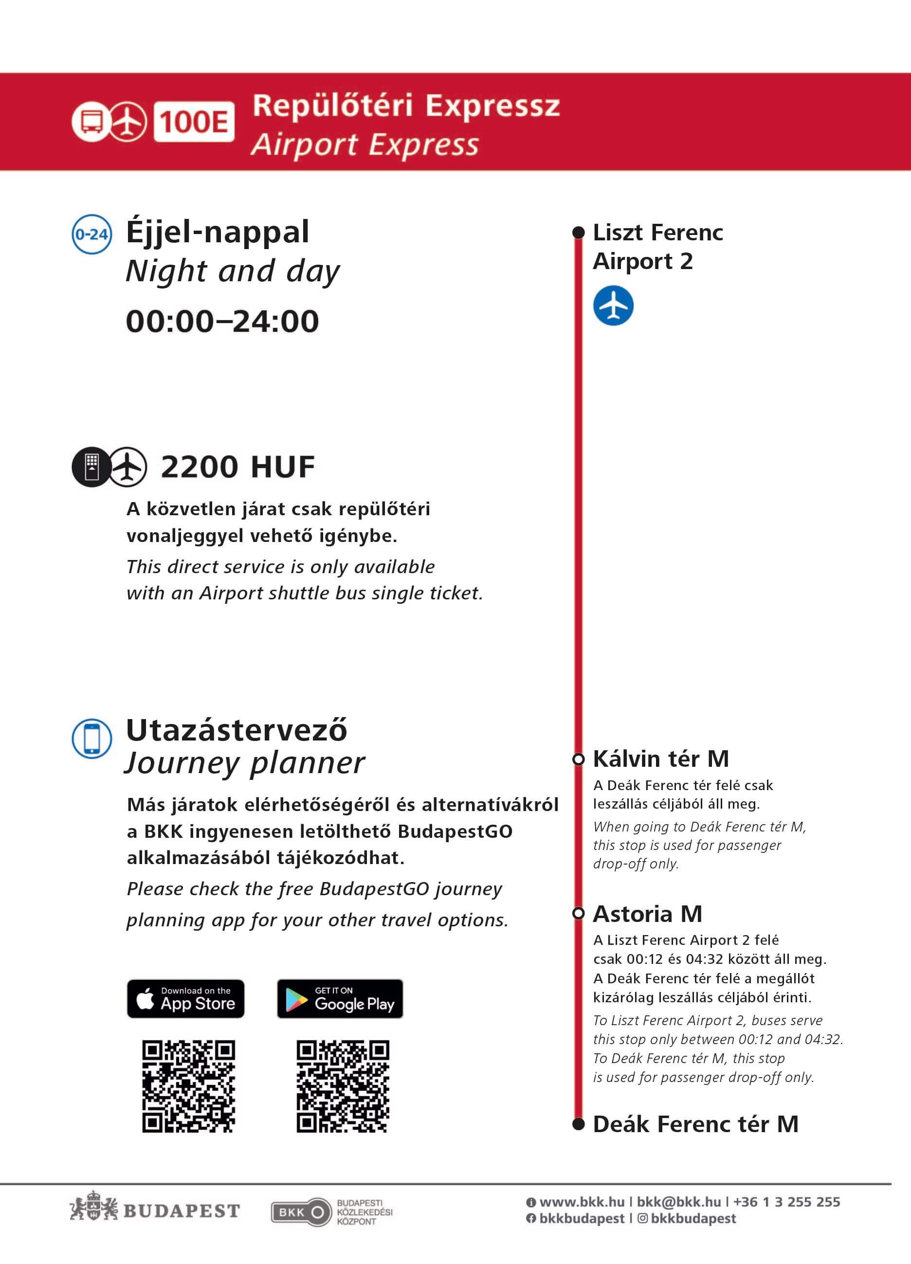 budapest airport shuttle bus 100e route