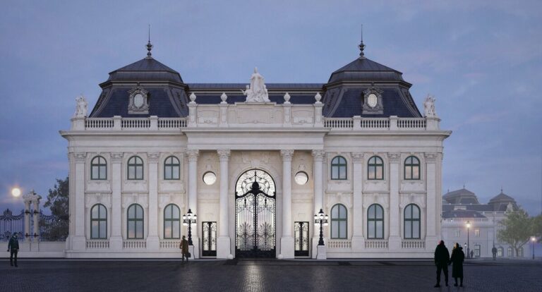 north wing of the Royal Palace of Buda restored "Hungária" sculpture group