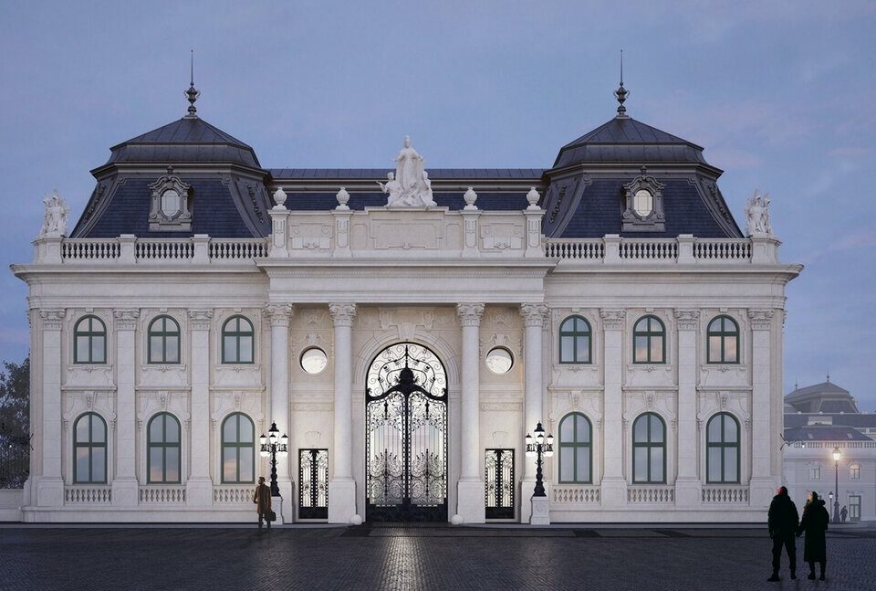 north wing of the Royal Palace of Buda restored "Hungária" sculpture group