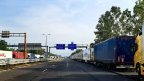 Röszke crossing is crowded. Serbia-Hungary border: heavy truck traffic