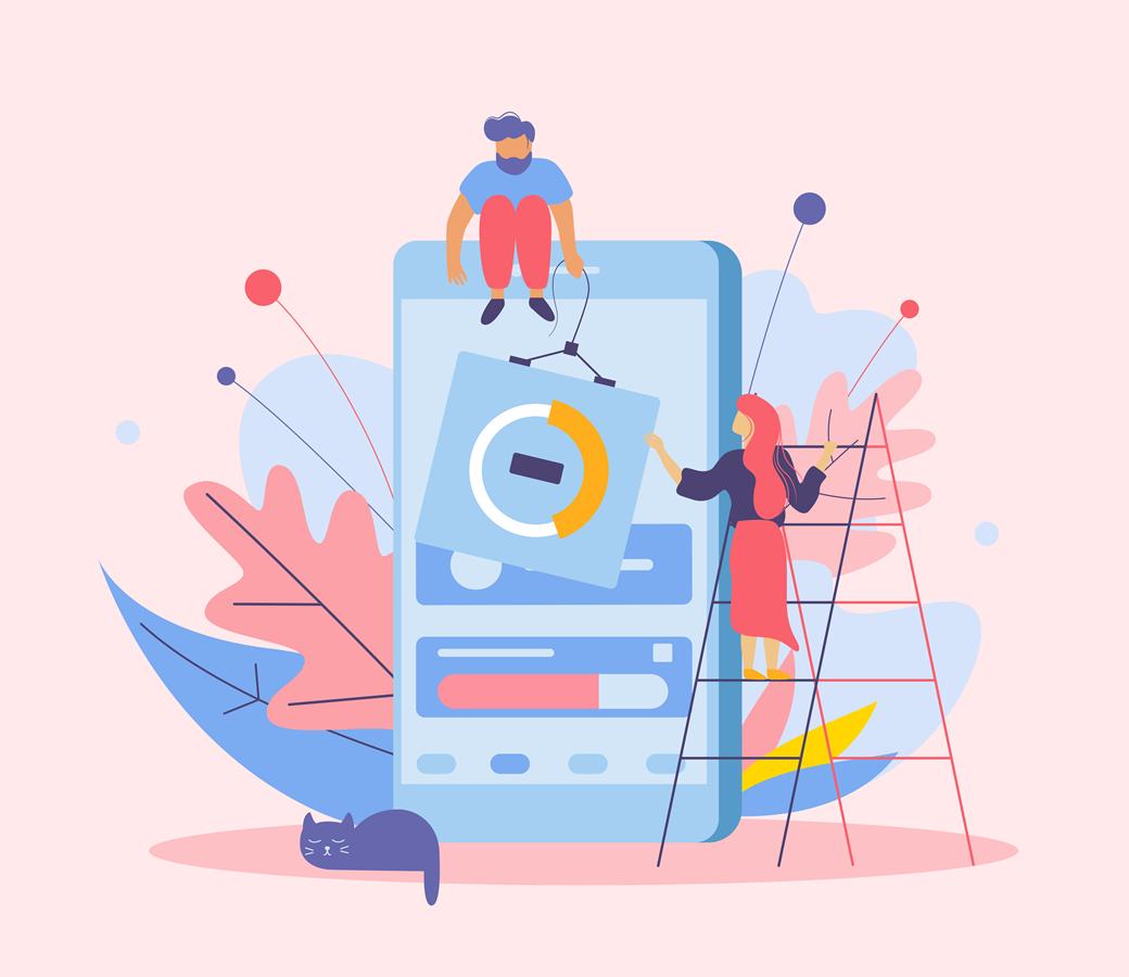 Web development flat composition with doodle human characters images of smartphone ladders and flowers with leaves vector illustration S