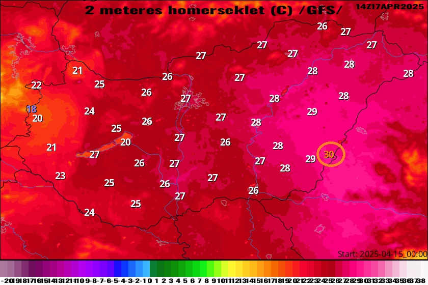 Harta temperaturii pentru vara de joi în Ungaria