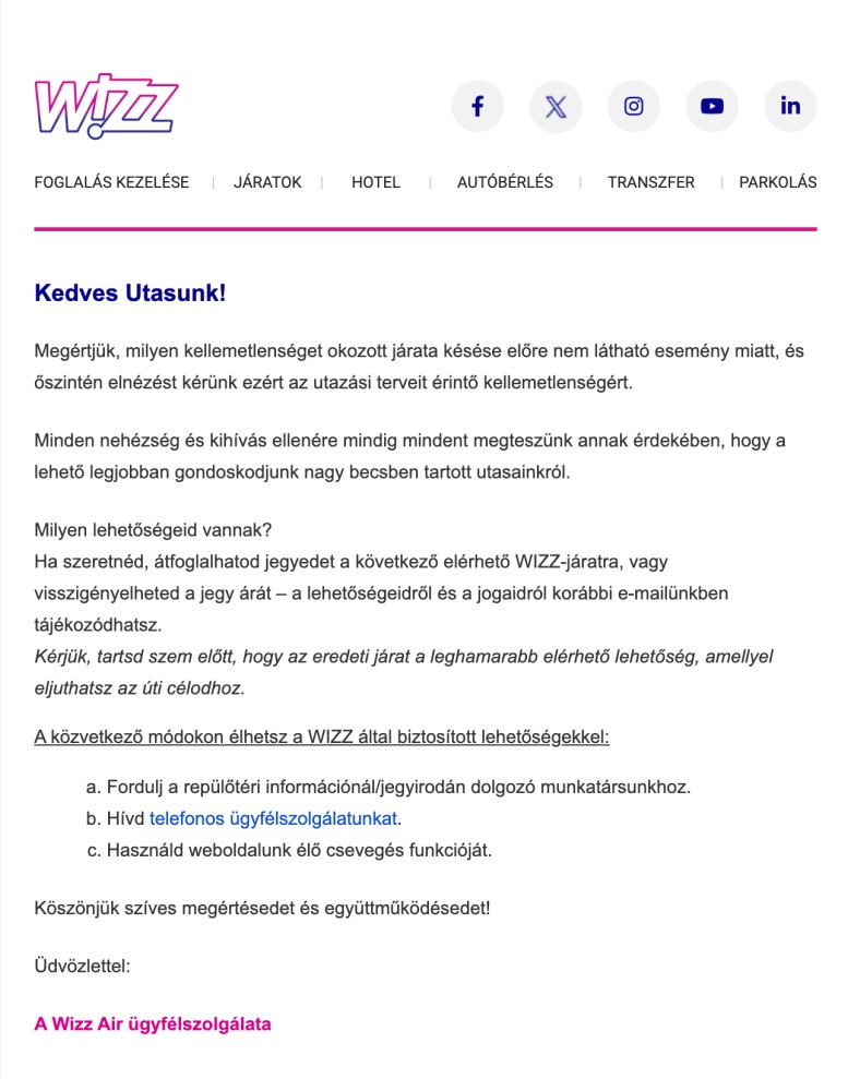 Wizz Air erroneous message