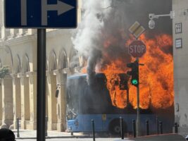 bus fire Budapest downtown flames hungary news emergency